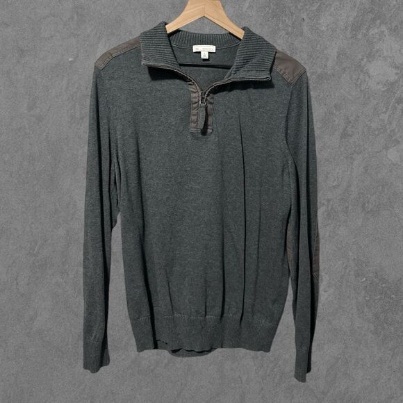 GAPGray & Brown Quarter Zip Pullover Elbow Patch Ribbed Sweater Size L